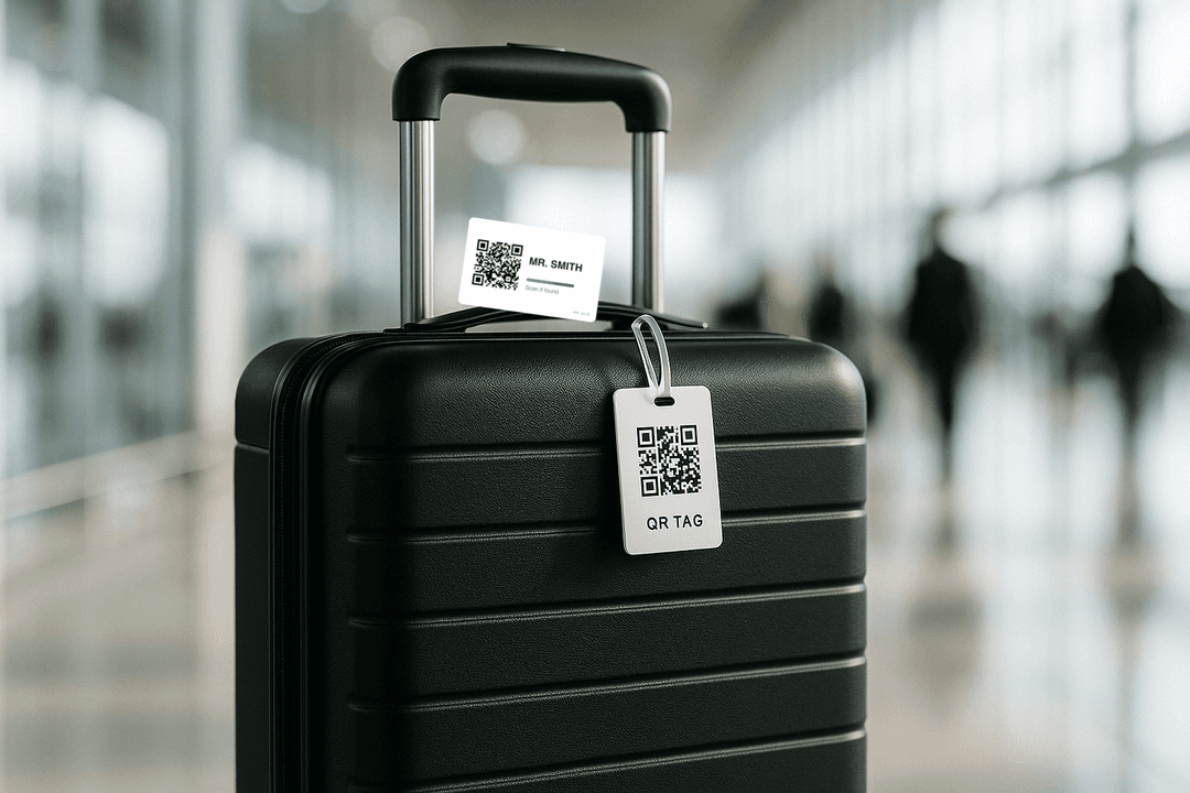 Personal luggage tag on suitcase at airport