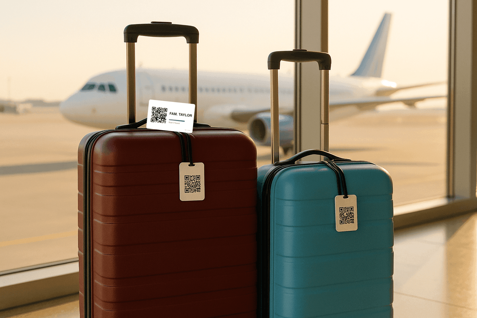 AYA luggage tags on suitcases at airport
